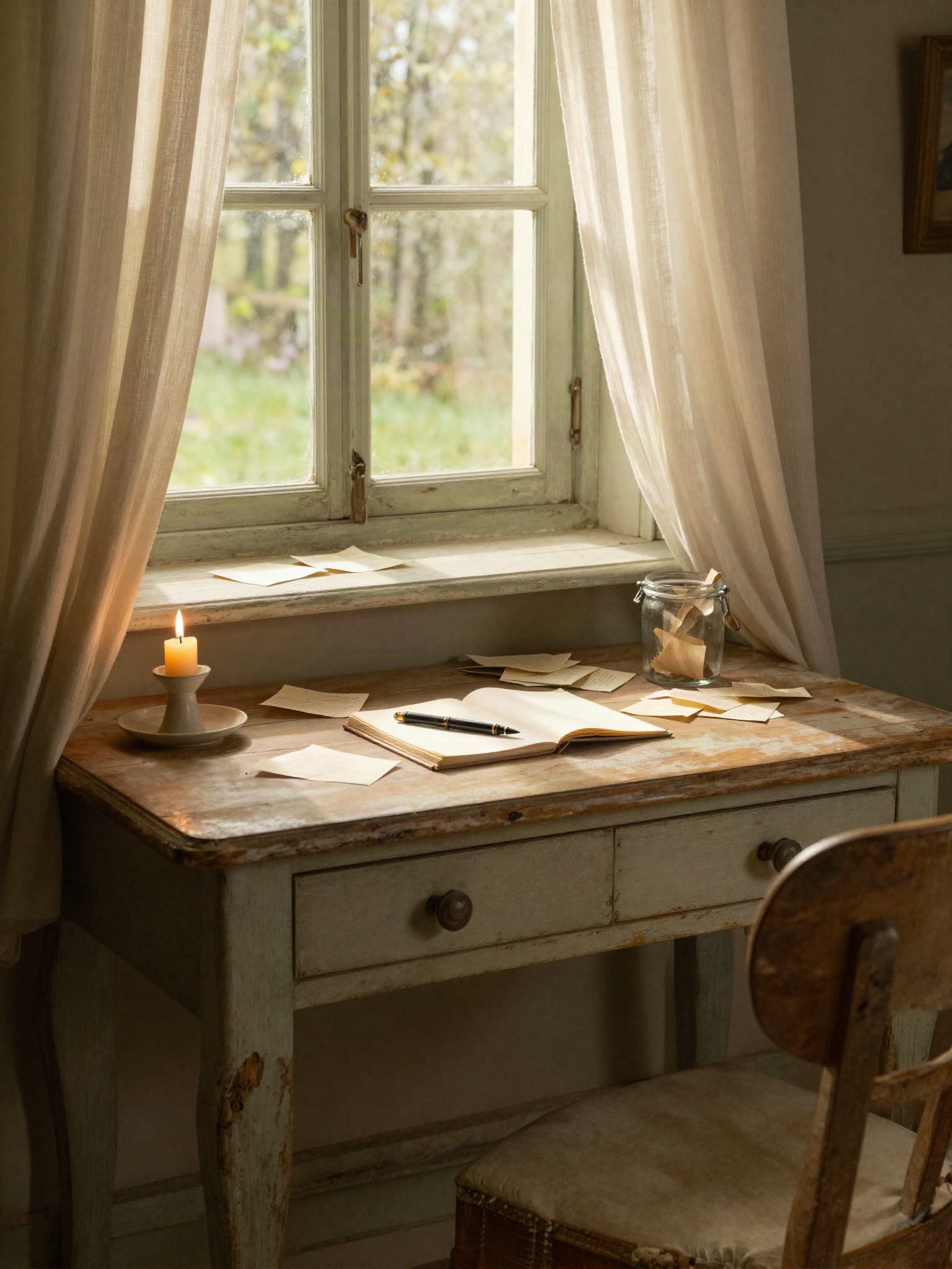 Concept art: an early desk-and-candle scene, later dropped